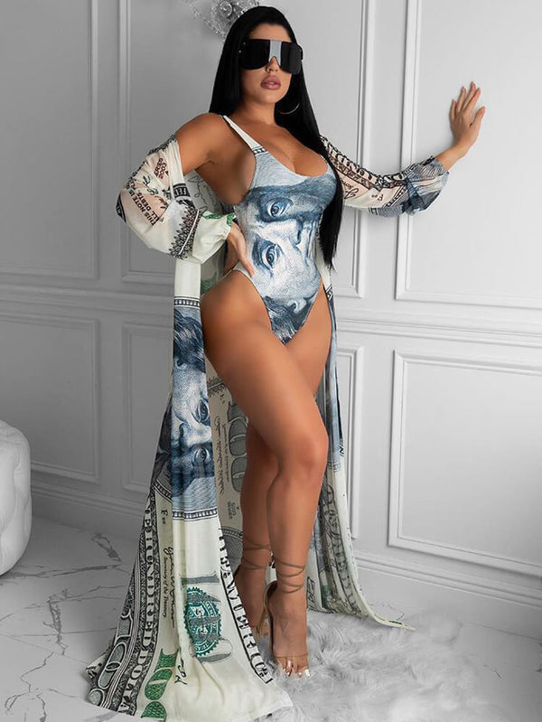 2 Piece Money Print Jumpsuit Bikini Cover Up