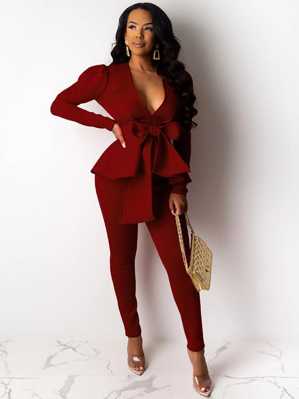 Two Piece Elegant Deep V Neck Ruffle Top Pant Set