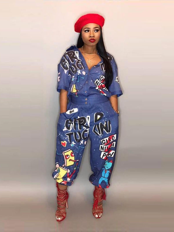 Cartoon Letter Print Button Loose Jumpsuit