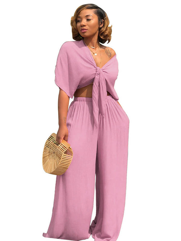 Two Piece Bowknot Tie Front Crop Top Wide Leg Pant Set