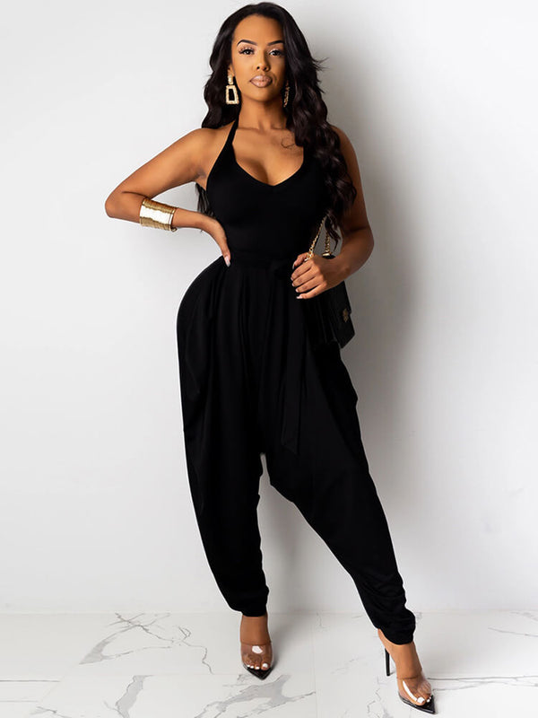 Strap Halter V Neck Backless Solid Color Harem Jumpsuit