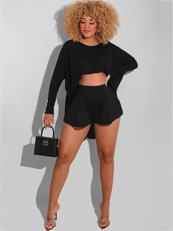 Two Piece Solid Color High-low Top shorts Set