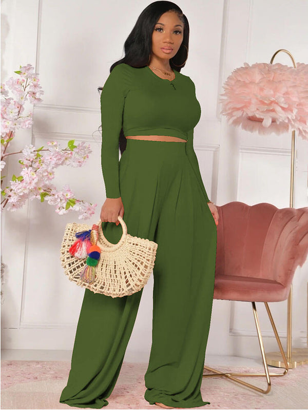 Two Piece Long Sleeve Crop Top Wide Leg Pants