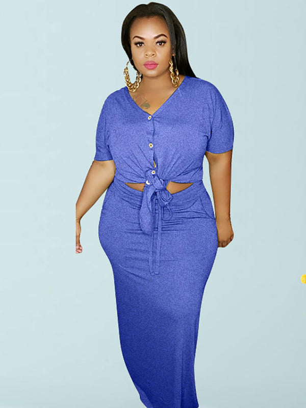 Plus Size 2 Piece Button Twist Knot Top Pocket Skirt Set