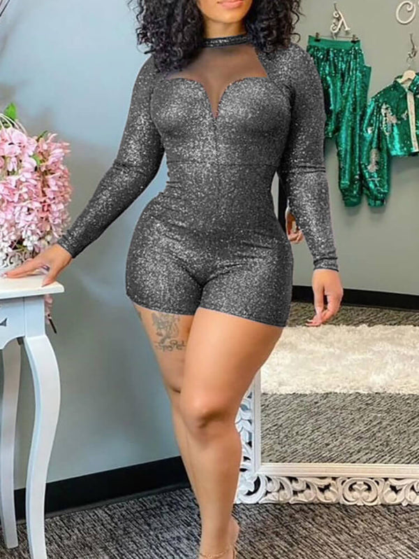 Long Sleeve Glitter High Neck Short Jumpsuit