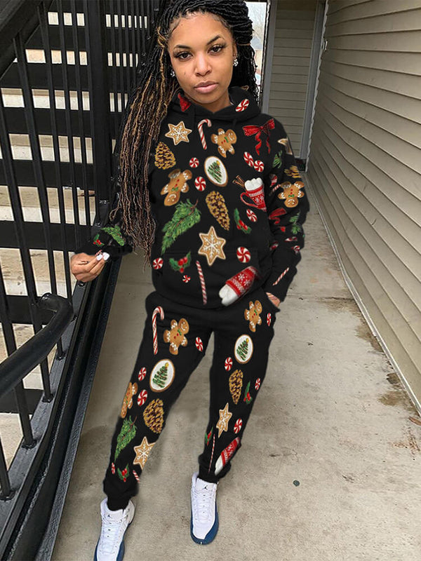 2 Pieces Christmas Print Long Sleeve Sweatshirt Pants Set