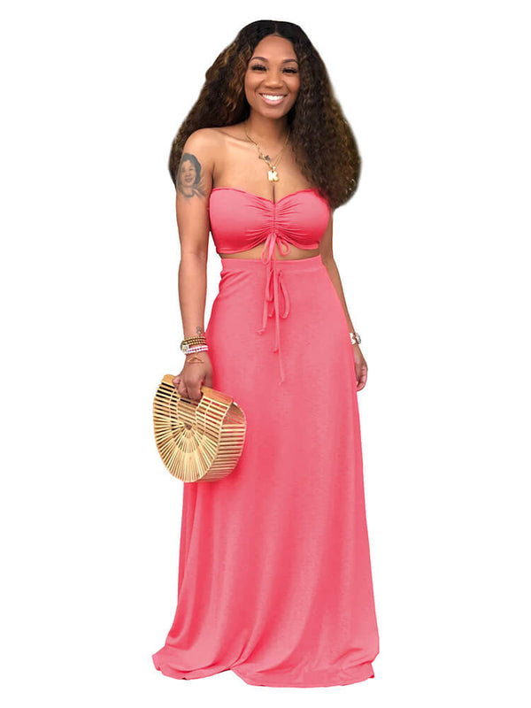 2 Pieces Strapless Crop Top Solid Color Maxi Dress