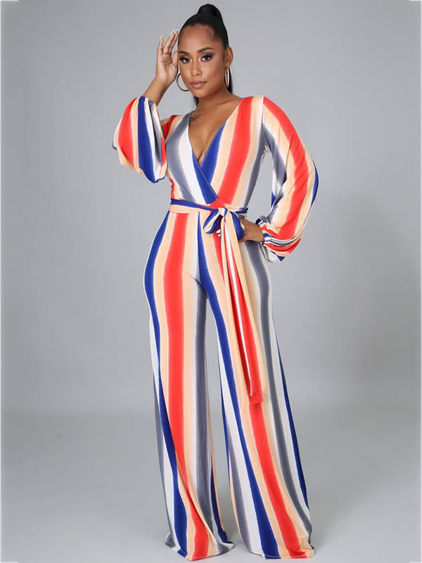 Long Sleeve Multicolor Stripe Wide Leg Jumpsuit with Belt