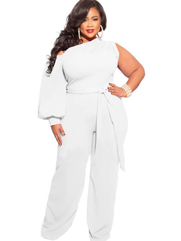 Plus Size Puff Sleeve Belted Wide Leg Pant Jumpsuit