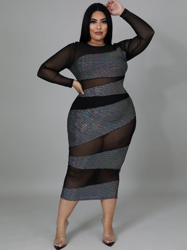 Plus Size  Long Sleeve Skinny Midi Dress